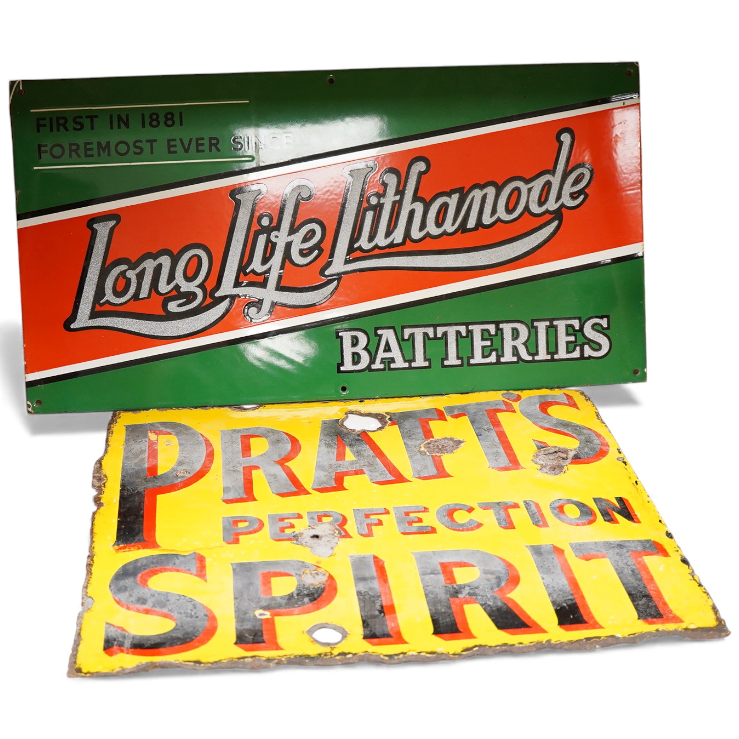 Two enamel signs; Pratt’s perfection Spirit - 52cm wide x 45cm high and Long Life Lithanode Batteries
